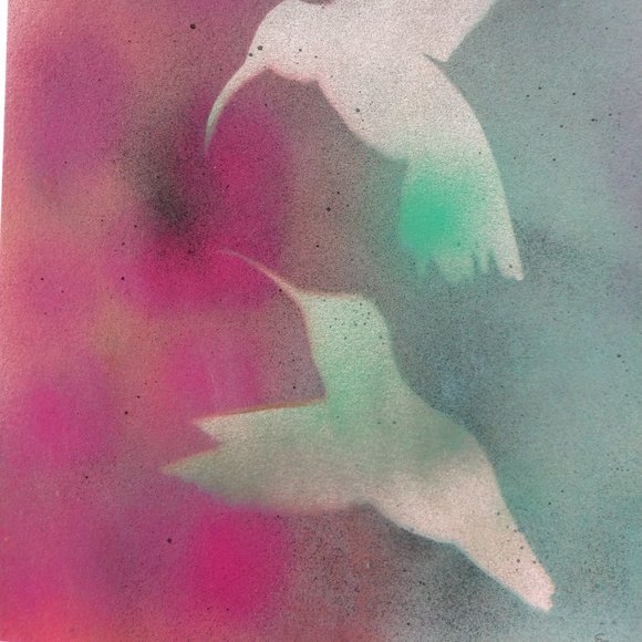 Handmade Painting of Two Hummingbirds In Flowers 15x11 inch - Picture 8 of 15